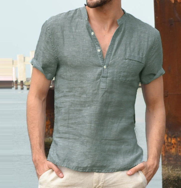 Casual Linen Solid Color Shirt Button V Neck Beach Shirt Men Summer Tops - 𝓢𝓱𝓸𝓹𝓵𝓮𝓬𝔂