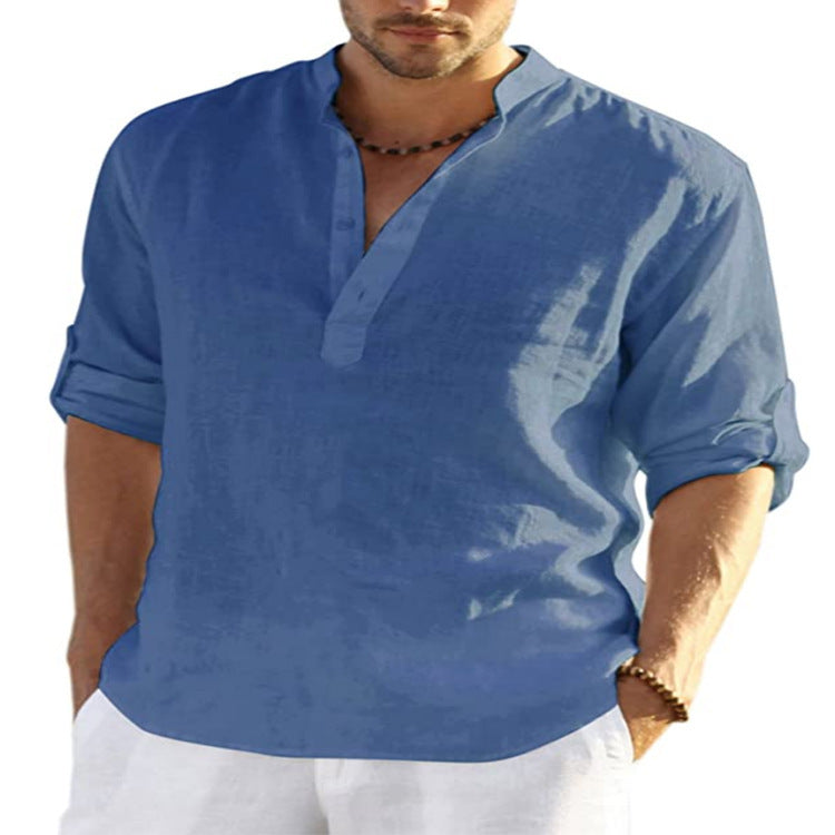 Men's Casual Cotton Linen Solid Color Long Sleeve Shirt Loose Stand Collar - 𝓢𝓱𝓸𝓹𝓵𝓮𝓬𝔂