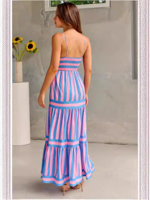 Summer Striped Printed Suspender Long Dress With Pockets Fashion Square Neck Backless Dresses For Beach Vacation Women Clothing - 𝓢𝓱𝓸𝓹𝓵𝓮𝓬𝔂