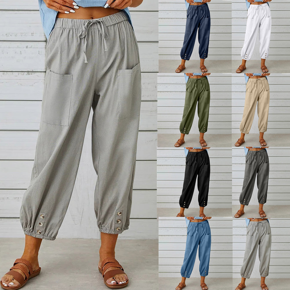 Women Drawstring Tie Pants Spring Summer Cotton And Linen Trousers With Pockets Button - 𝓢𝓱𝓸𝓹𝓵𝓮𝓬𝔂