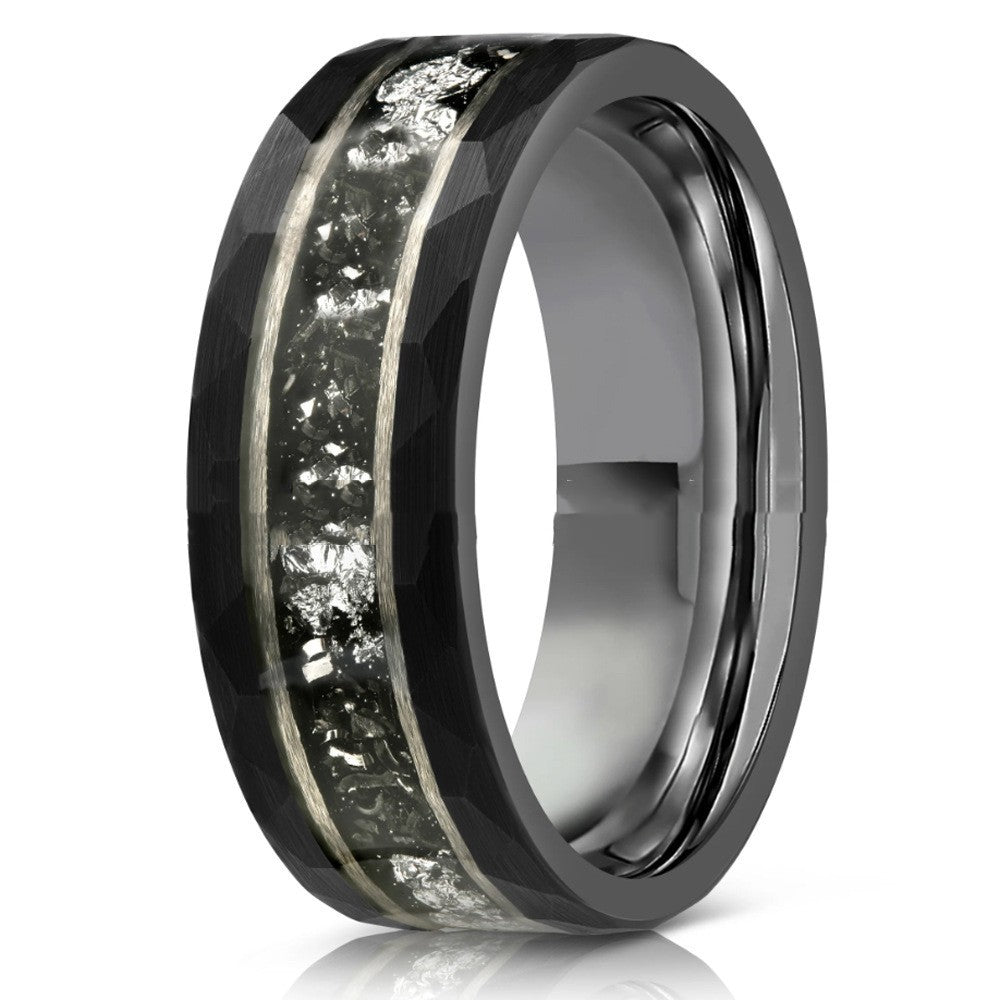 8mm Electric Black Hammer Pattern Tungsten Ring Steel Color Inner Step Inlaid Iron Chips Silver Foil - 𝓢𝓱𝓸𝓹𝓵𝓮𝓬𝔂