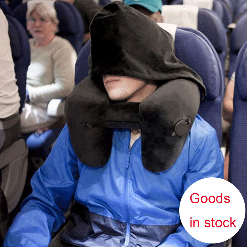 Hooded Travel Pillow H Shaped Inflatable Neck Pillow Folding Lightweight Nap Car Seat Office Airplane Sleeping Cushion Pillows - 𝓢𝓱𝓸𝓹𝓵𝓮𝓬𝔂