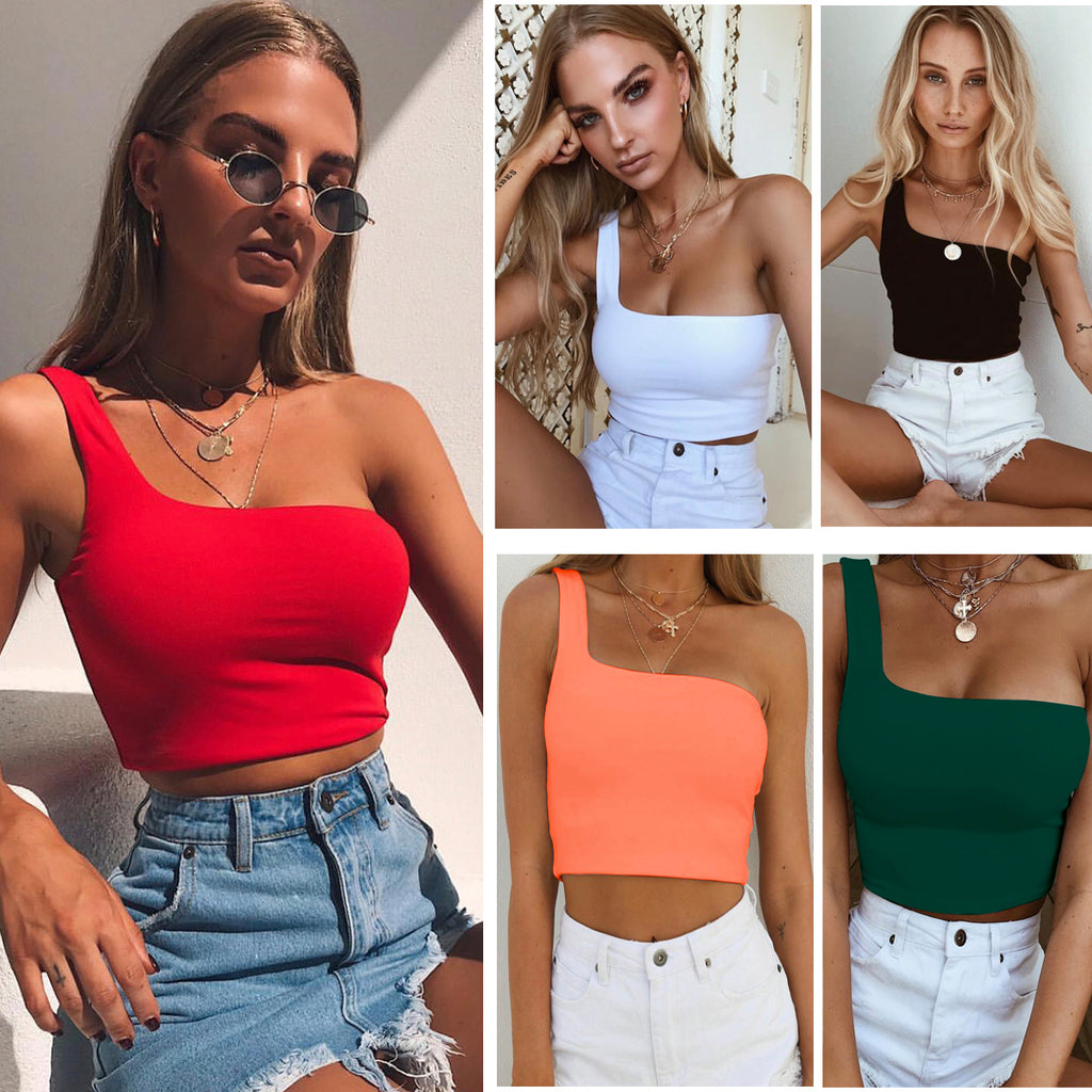 Summer Sexy One-shoulder Vest Crop Top Sleeveless T-Shirt Tank Tops Women Clothing - 𝓢𝓱𝓸𝓹𝓵𝓮𝓬𝔂