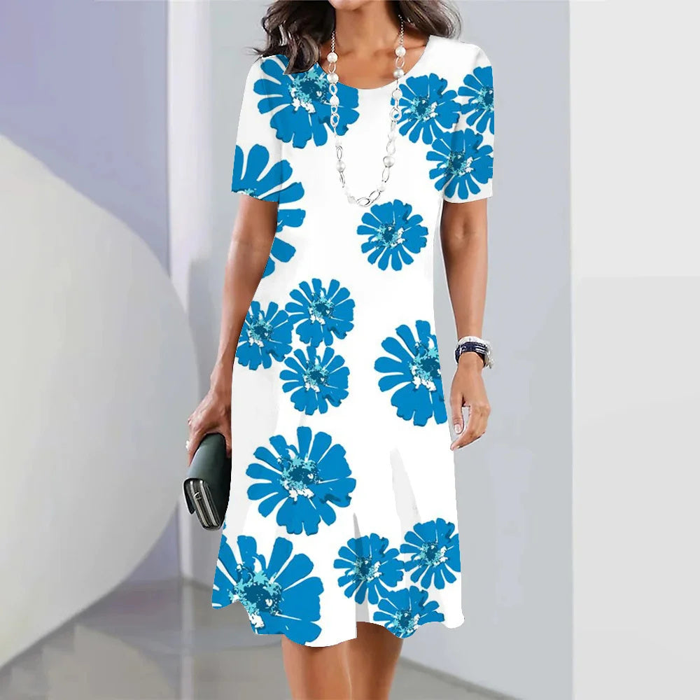 3d Floral Blue Printed Round Neck Fashion Party Dress - 𝓢𝓱𝓸𝓹𝓵𝓮𝓬𝔂