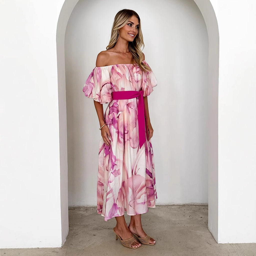 European American Summer New Temperament Shoulder Waist Puff Sleeve Printed Large Swing Dress - 𝓢𝓱𝓸𝓹𝓵𝓮𝓬𝔂