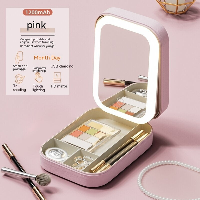 Makeup Storage Box With LED Light Mirror Portable Travel Makeup Cosmetics Storage Box Touch Light Storage Organizer - 𝓢𝓱𝓸𝓹𝓵𝓮𝓬𝔂