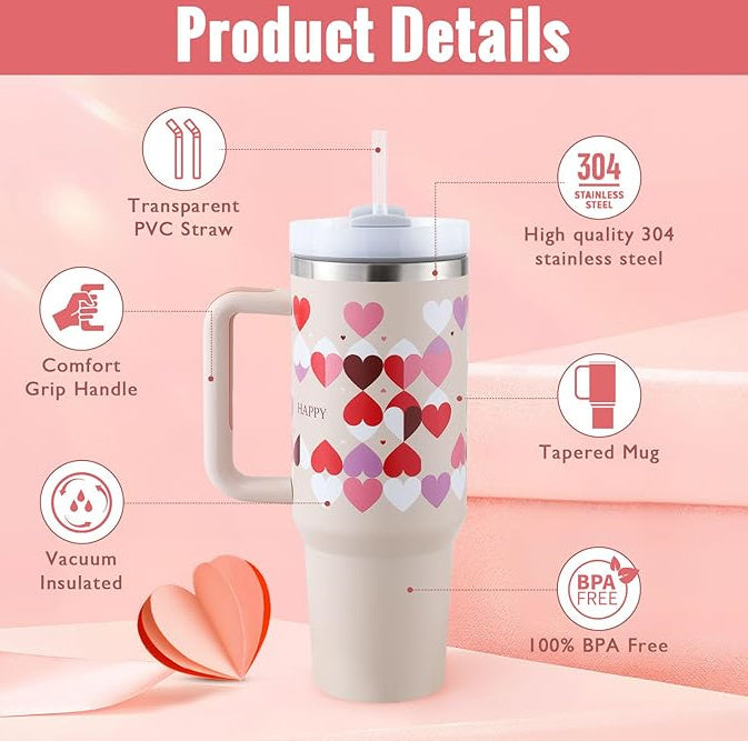 40 Oz Tumbler With Handle Straw Insulated, Stainless Steel Spill Proof Vacuum Coffee Cup Tumbler With Lid Tapered Mug Gifts For Valentine Lover Suitable For Car Gym Office Travel - 𝓢𝓱𝓸𝓹𝓵𝓮𝓬𝔂