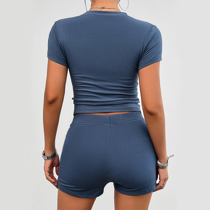 Solid Color Slim Sports Suit Summer 2Pcs Short-sleeved Round Neck T-shirt And Elastic Shorts Fashion Womens Clothing - 𝓢𝓱𝓸𝓹𝓵𝓮𝓬𝔂