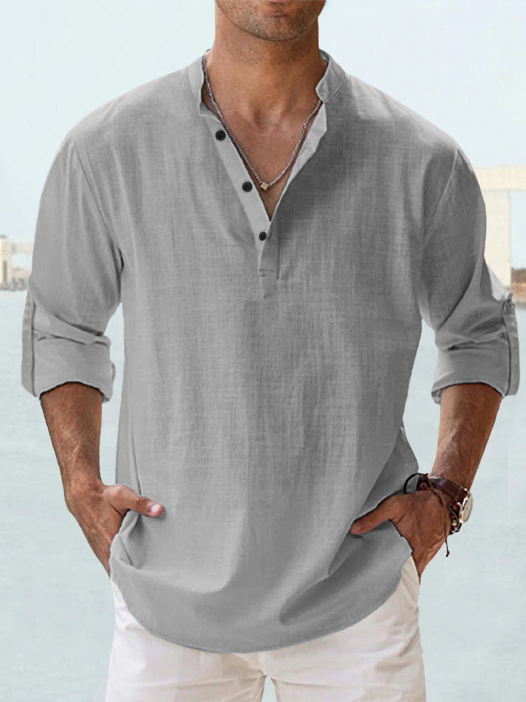 Men's Linen Stand-up Collar Long Sleeve T-shirt Loose Undershirt - 𝓢𝓱𝓸𝓹𝓵𝓮𝓬𝔂