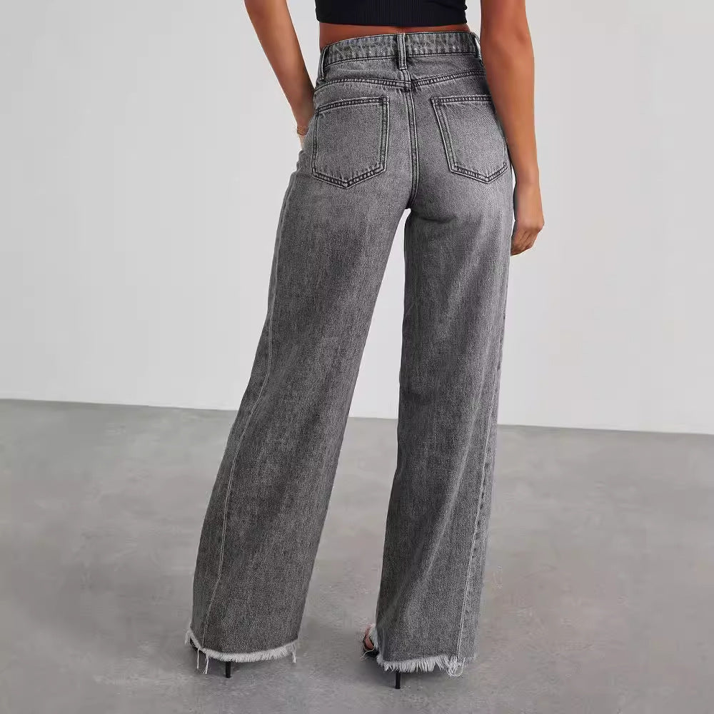 Fashion High Waist Jeans With Pockets Comfortable Slim Fit Straight Wide-leg Pants Womens Clothing - 𝓢𝓱𝓸𝓹𝓵𝓮𝓬𝔂