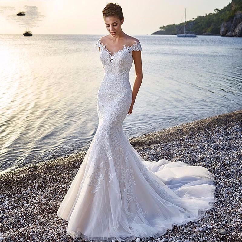 Princess Bride Mermaid Wedding Dress White Trailing Perspective Backless Lace Wedding Dress - 𝓢𝓱𝓸𝓹𝓵𝓮𝓬𝔂