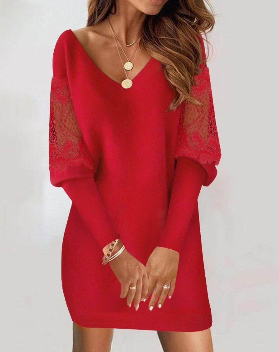 Long-sleeved V-neck Dress Spring And Autumn New Style Lace Splicing Dress For Womens Clothing - 𝓢𝓱𝓸𝓹𝓵𝓮𝓬𝔂
