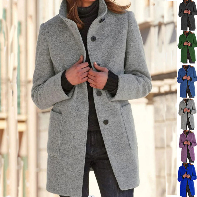 Fashion Stand Collar Woolen Coat With Pockets Fall Winter Casual Button Outwear For Women Clothing - 𝓢𝓱𝓸𝓹𝓵𝓮𝓬𝔂