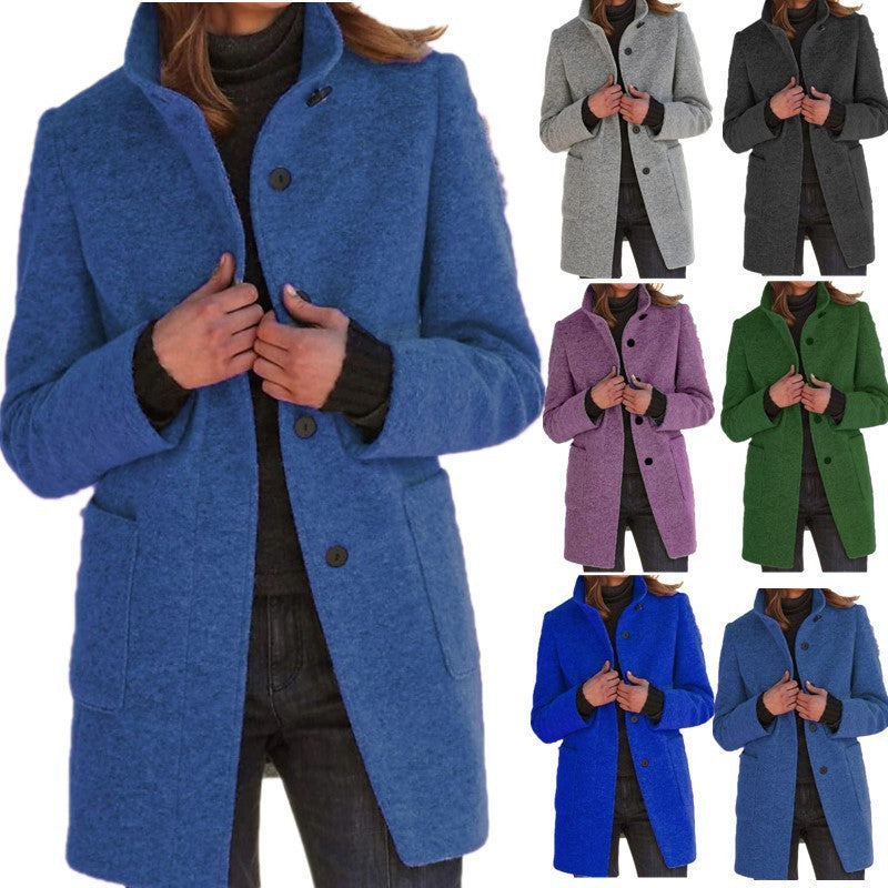 Fashion Stand Collar Woolen Coat With Pockets Fall Winter Casual Button Outwear For Women Clothing - 𝓢𝓱𝓸𝓹𝓵𝓮𝓬𝔂