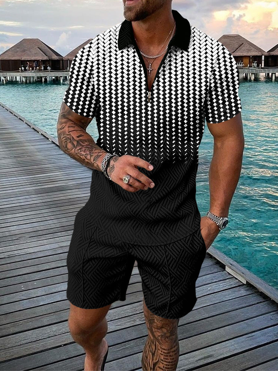 Men's Casual Color Contrast POLO Zip Lapel Shirt Short Sleeve Suit - 𝓢𝓱𝓸𝓹𝓵𝓮𝓬𝔂