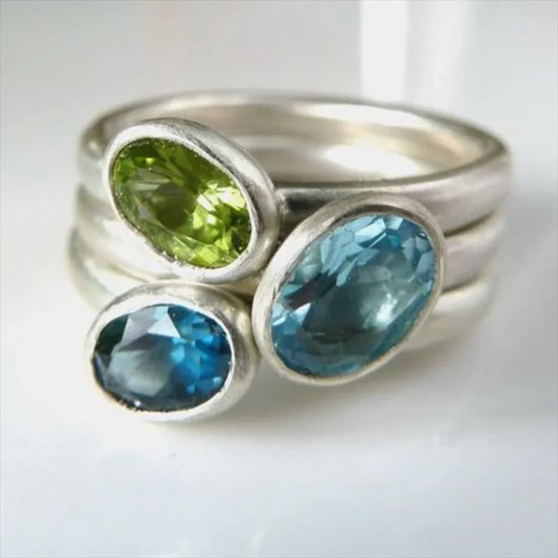 Beautiful Personality Irregular Tricolor Stone Three-piece Ring Set