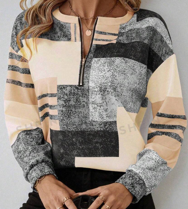 Round Neck Half Zipper Casual Style Polo Shirt Irregular Geometric Top - 𝓢𝓱𝓸𝓹𝓵𝓮𝓬𝔂