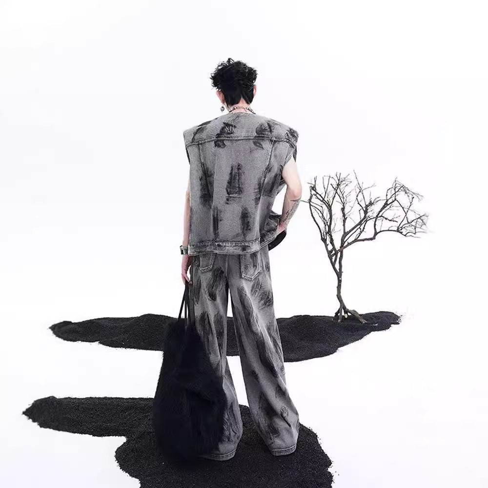 American Street Graffiti Padded Shoulder Sleeveless Denim Coat - 𝓢𝓱𝓸𝓹𝓵𝓮𝓬𝔂