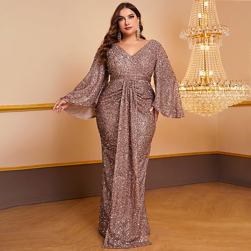 Women's Sequin Long Sleeved V-neck Pleated Dress - 𝓢𝓱𝓸𝓹𝓵𝓮𝓬𝔂