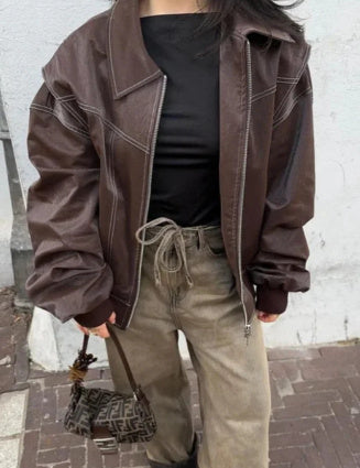 Loose Fashion Lapel Zip-up Jacket Cool Long Sleeve Zipper Closure Moto Biker Leather Jacket Womens Clothing - 𝓢𝓱𝓸𝓹𝓵𝓮𝓬𝔂