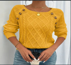 Square Neck Knitted Sweater With Button Design Winter Warm Long Sleeve Tops Women's Clothing - 𝓢𝓱𝓸𝓹𝓵𝓮𝓬𝔂