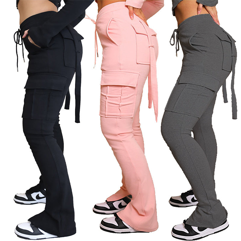 Cargo Pants With Pockets High Waist Drawstring Wide Leg Straight Trousers For Women Overalls - 𝓢𝓱𝓸𝓹𝓵𝓮𝓬𝔂