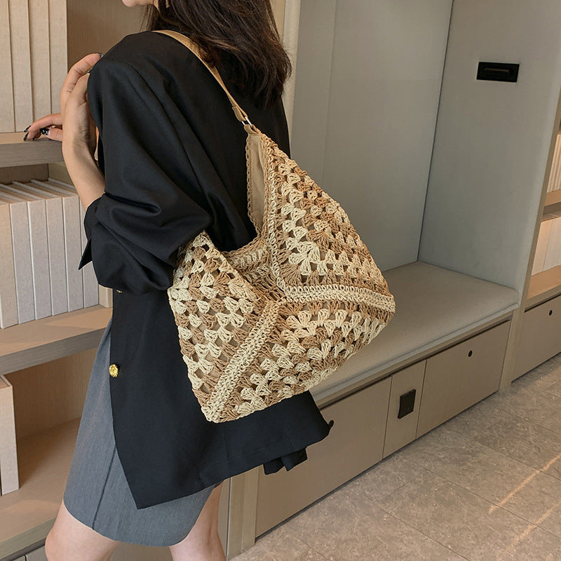 Women's Fashion Handmade Straw Woven Hollow Contrast Color Weave Shoulder Bag - 𝓢𝓱𝓸𝓹𝓵𝓮𝓬𝔂